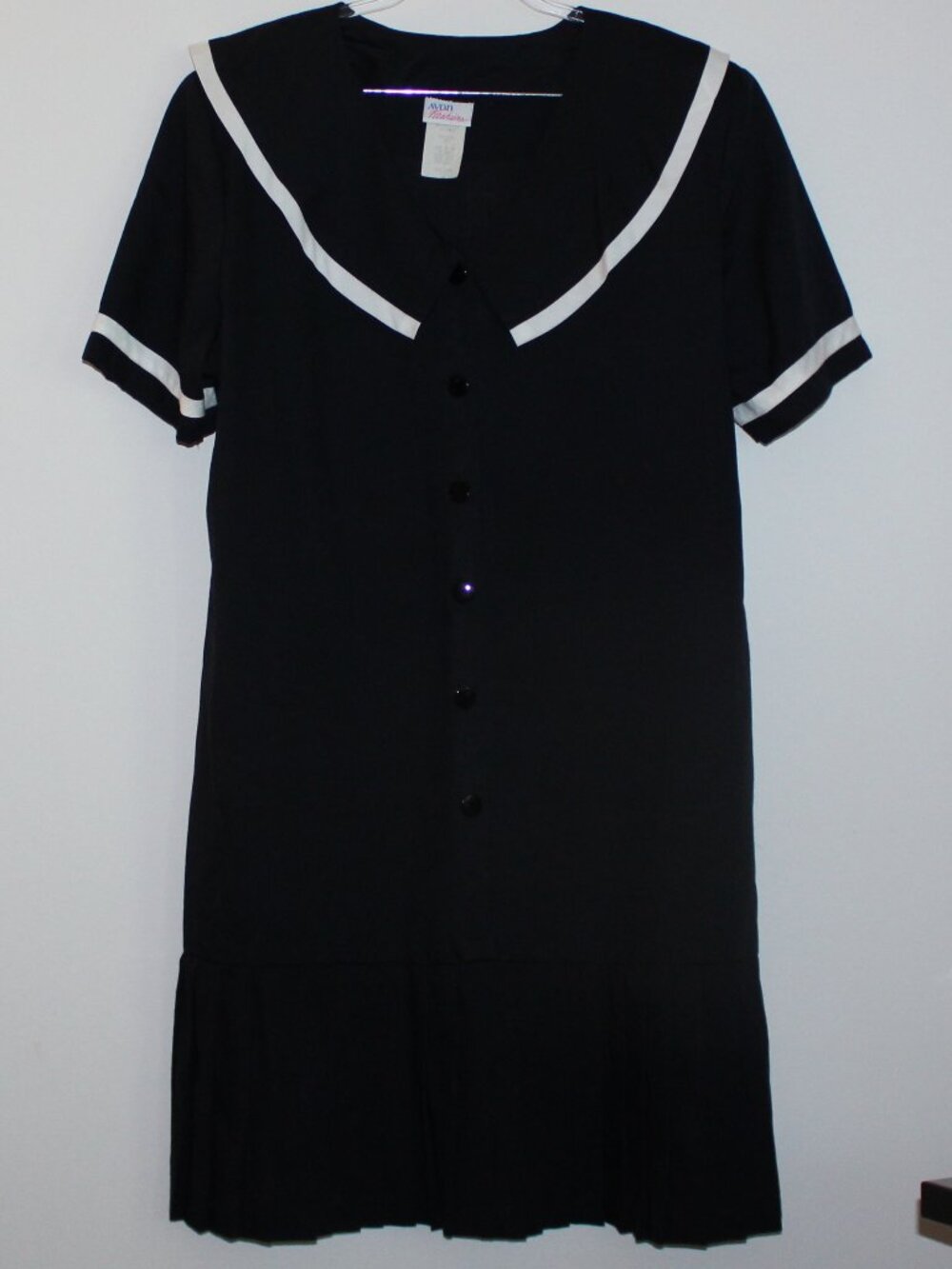 Vintage Avon Navy Blue Sailor Dress with Pleated Hemline Short Sleeve USA XL